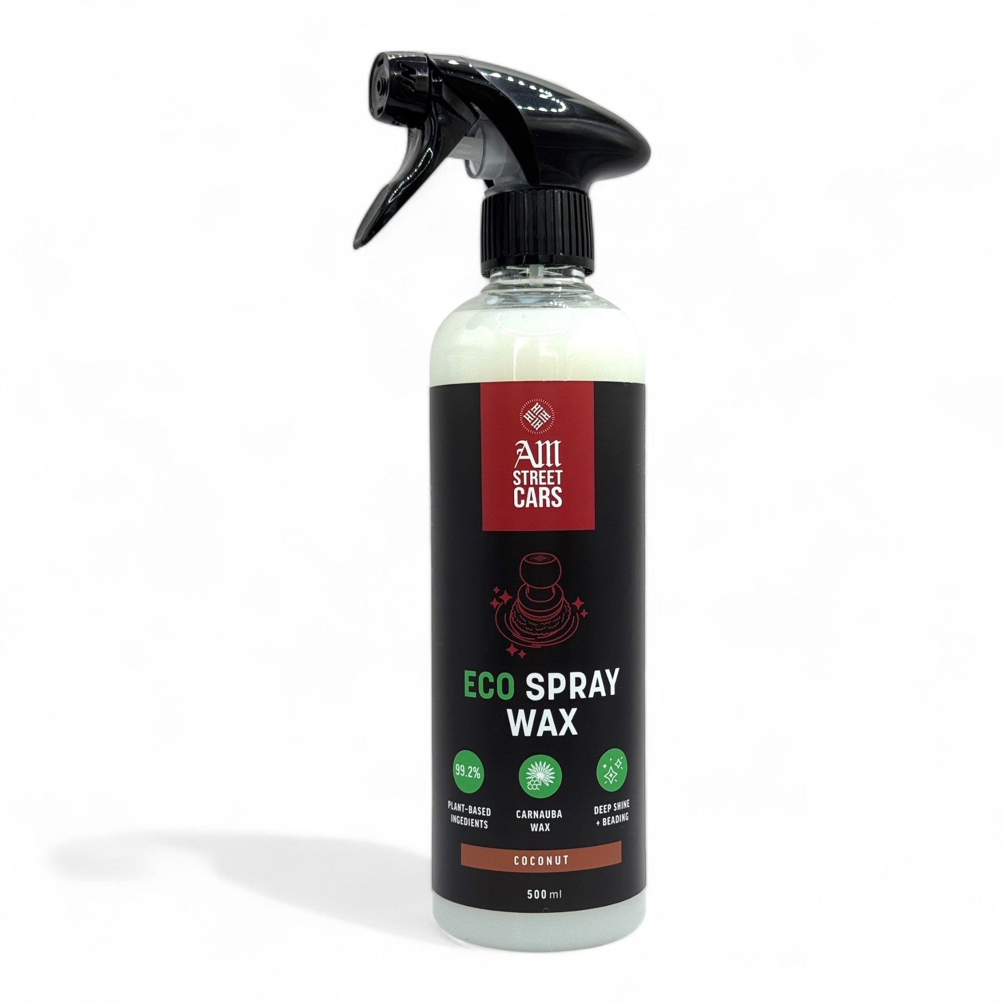 A spray bottle labeled ECO Spray Wax by All Street Cars, designed for application on vehicle surfaces.