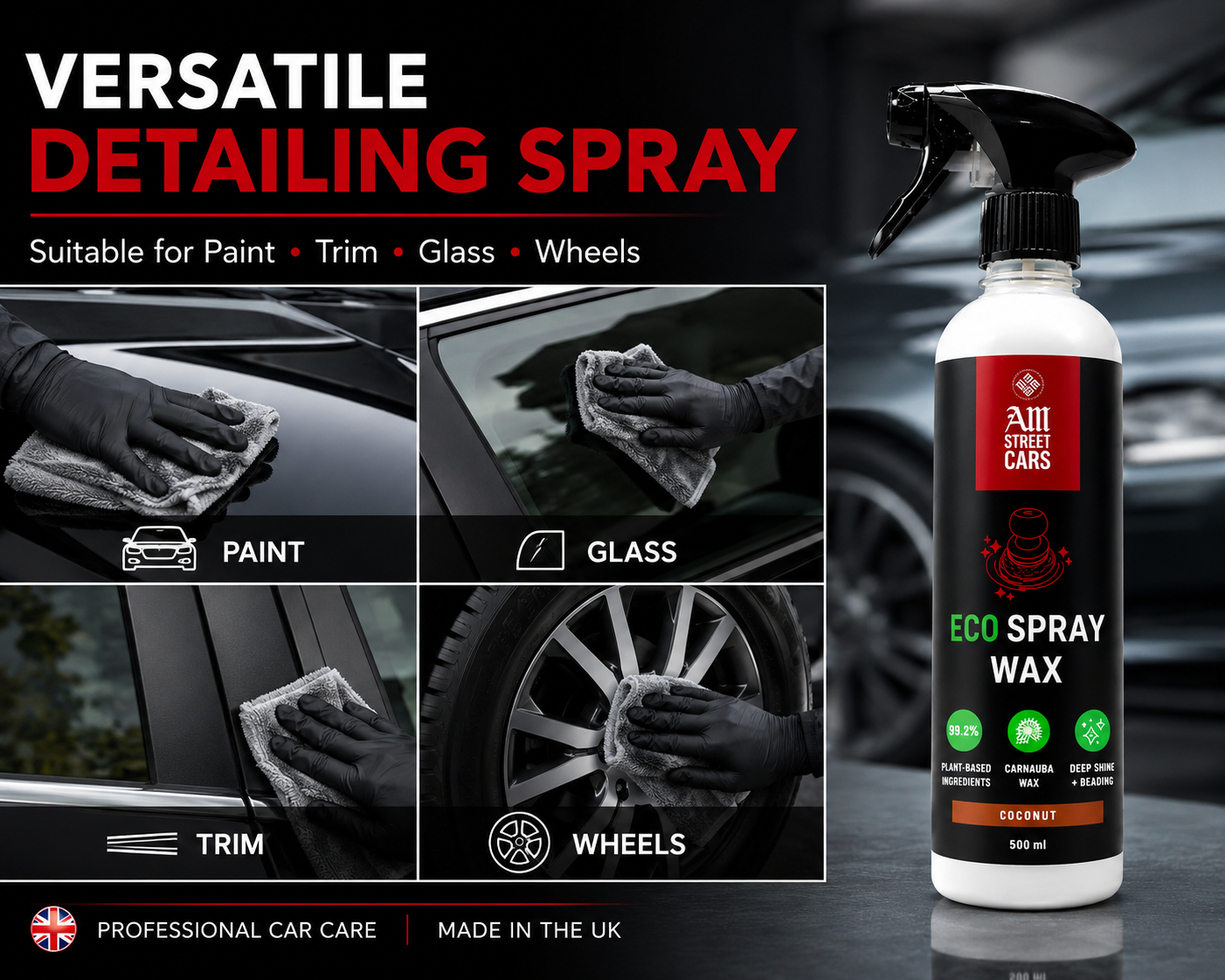 Car detailing spray bottle with application images on a dark background