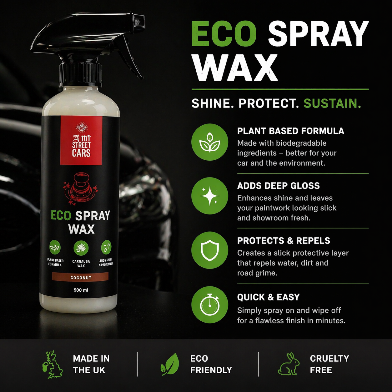 Eco spray wax bottle with product features on a dark background
