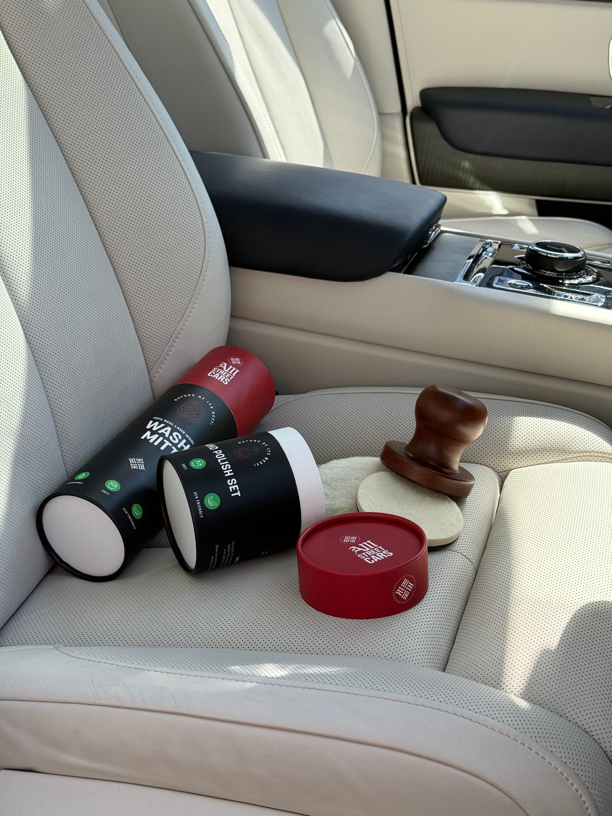 Eco-friendly car care products from AM Street Cars used for safe, scratch-free car washing, paint protection, and long-lasting gloss using plant-based formulas and natural detailing tools.