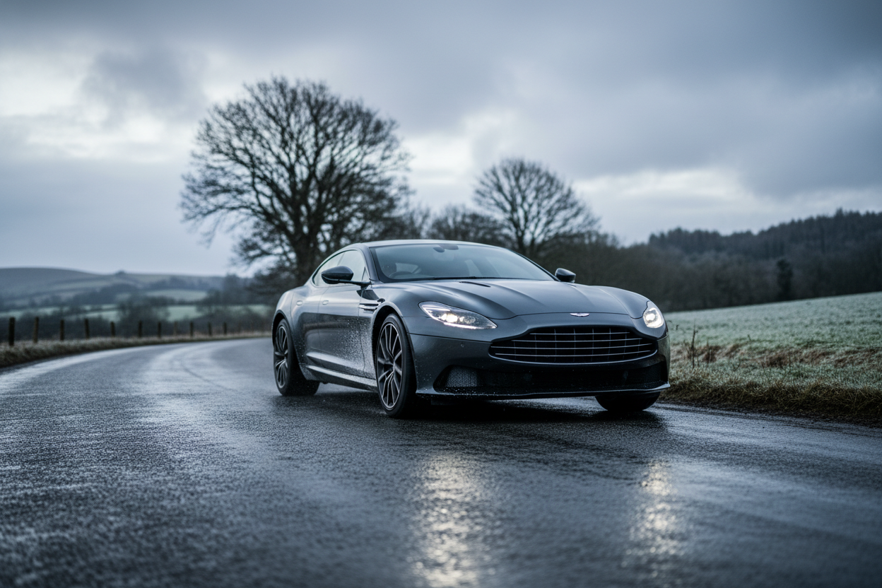 A cinematic, ultra-realistic photograph of a car driving on a damp winter UK road with light salt residue visible on the lower panels. Overcast sky, moody but clean editorial style, premium automotive magazine aesthetic, no people, no logos, no text.