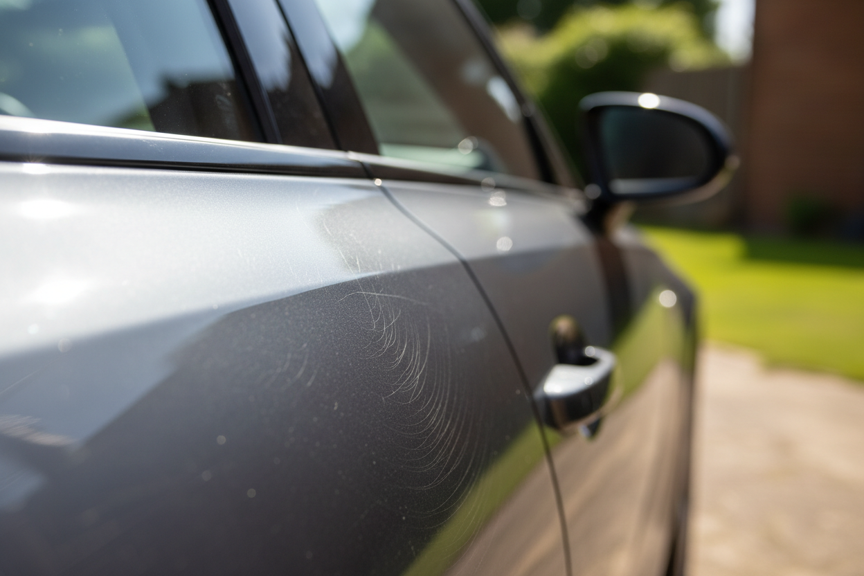Swirl marks visible on car paint under sunlight showing clearcoat damage