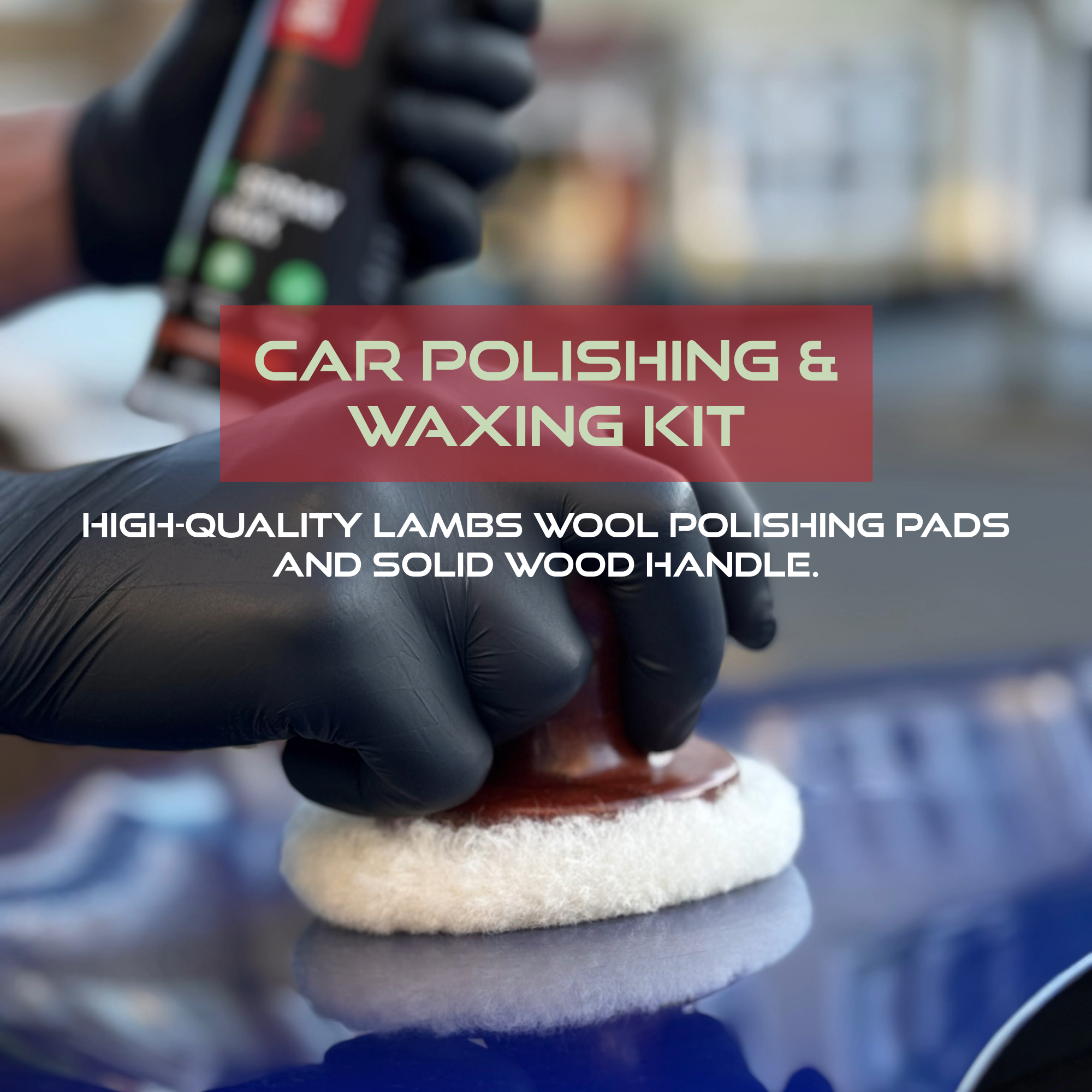 Car polishing and waxing kit with gloved hand using a polishing pad on a car surface.