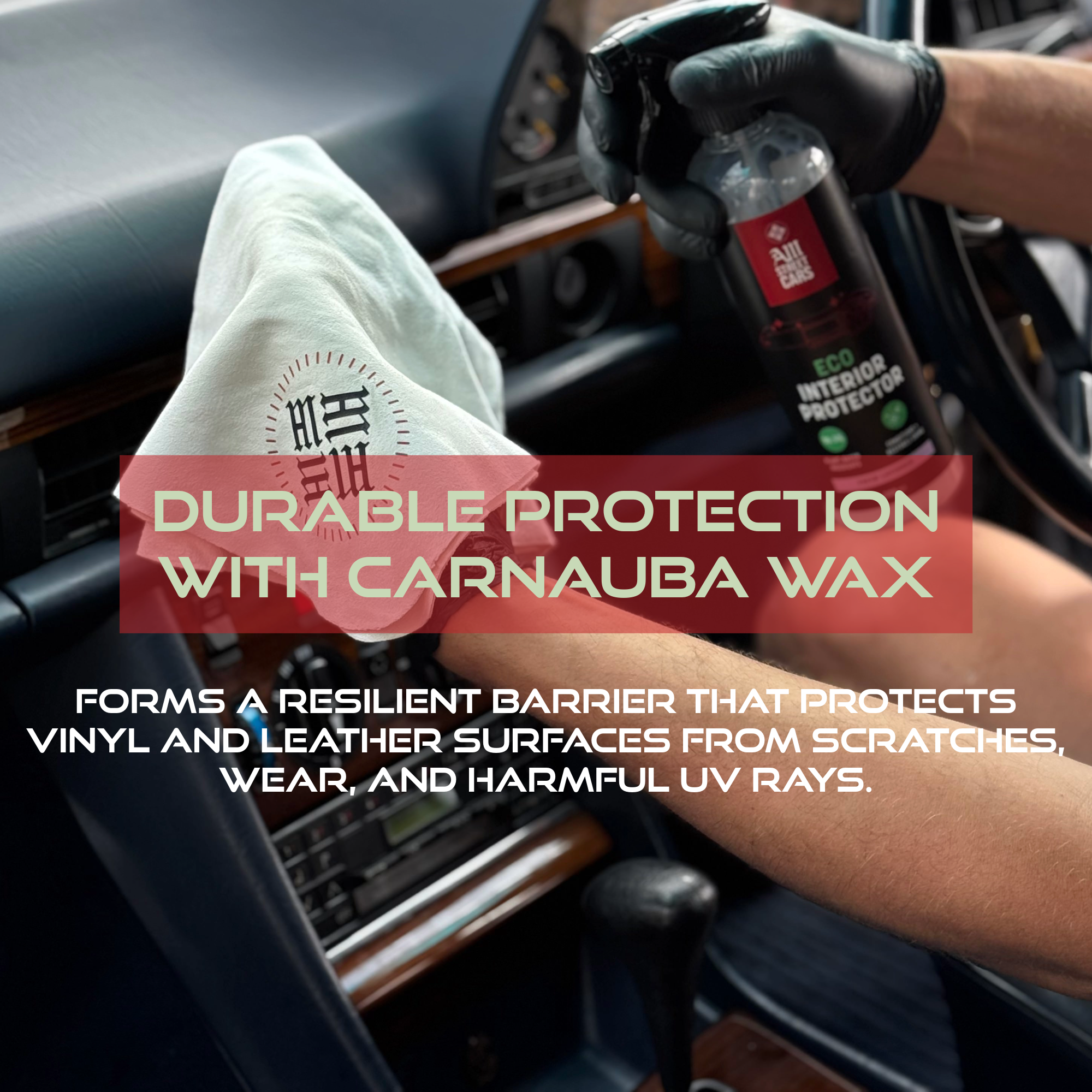 Person applying car interior protector with Carnauba wax in a vehicle.