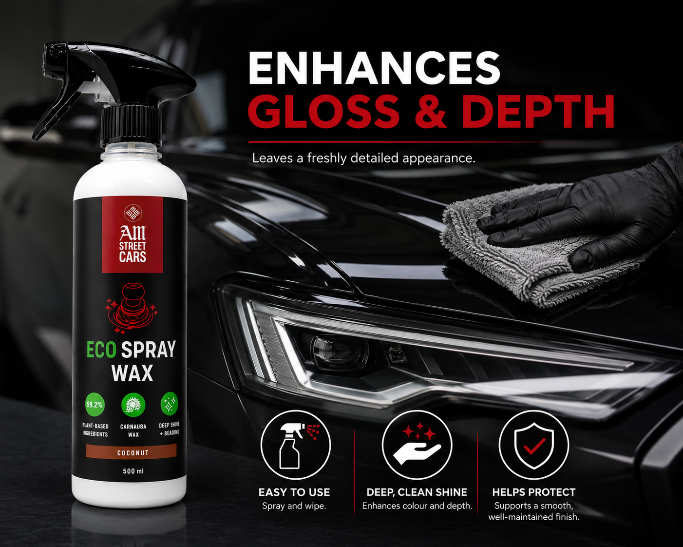 Car care product with text 'Enhances Gloss & Depth' and a car being cleaned in the background.