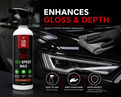 Car care product with text 'Enhances Gloss & Depth' and a car being cleaned in the background.
