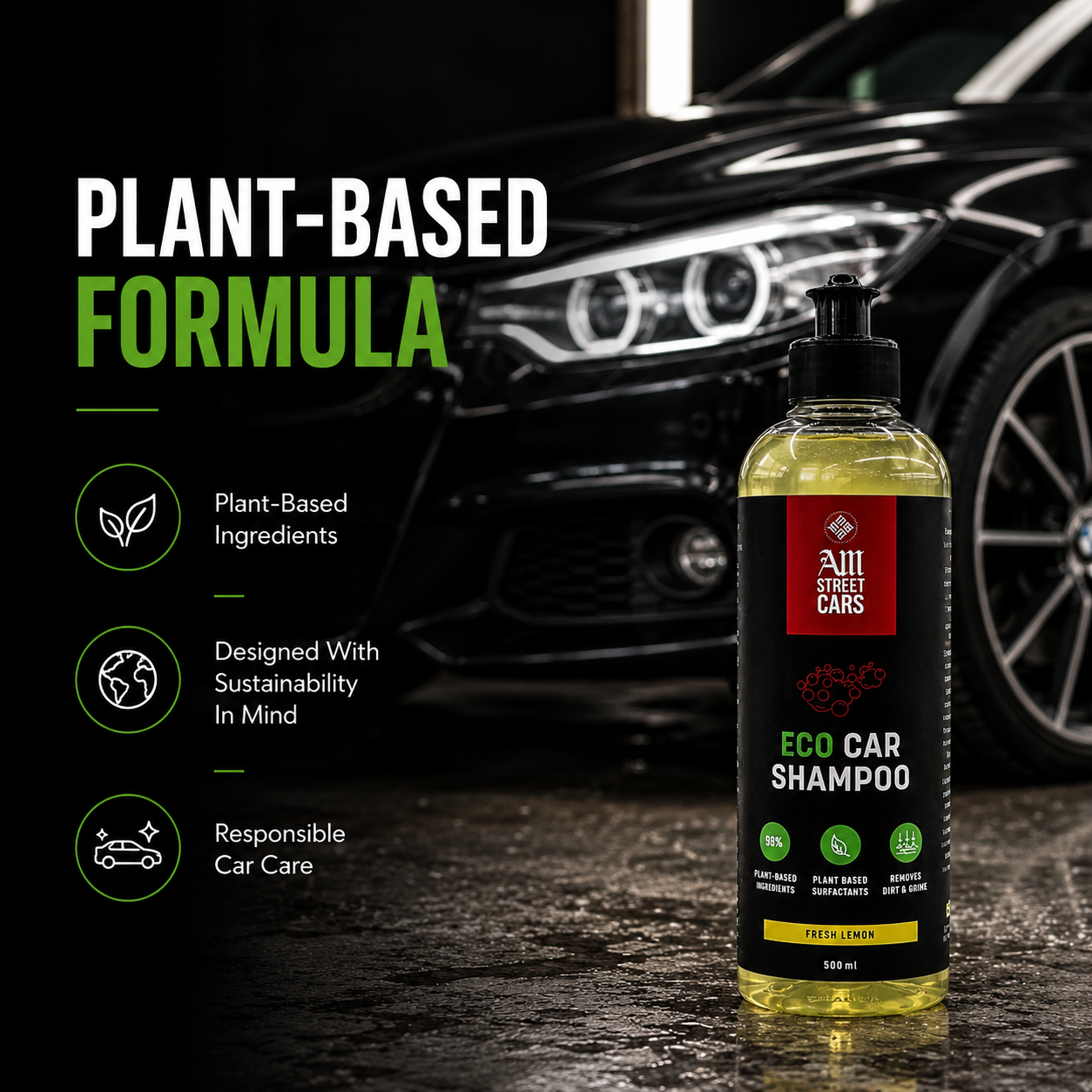 Bottle of eco car shampoo with plant-based formula text and car in the background