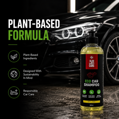 Bottle of eco car shampoo with plant-based formula text and car in the background