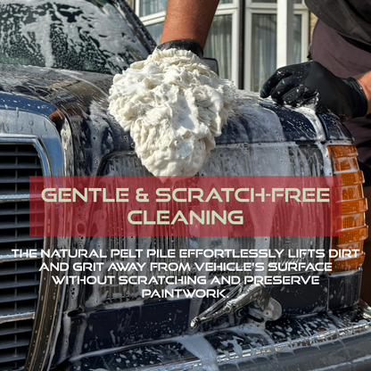 Person washing a car with a mitt, text about gentle cleaning