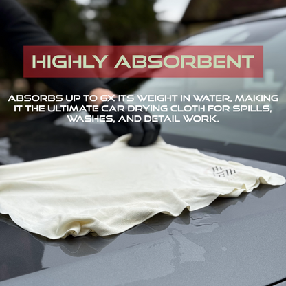 Car drying cloth being used on a car with text highlighting its absorbent properties.
