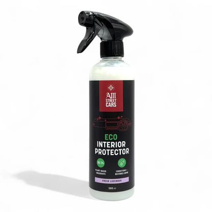 A spray bottle labeled 'ECO Interior Protector' with a predominantly white body and black spray nozzle, featuring a natural lavender fragrance for vehicle interiors.