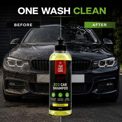 Bottle of eco car shampoo with a before-and-after comparison of a car's cleanliness.