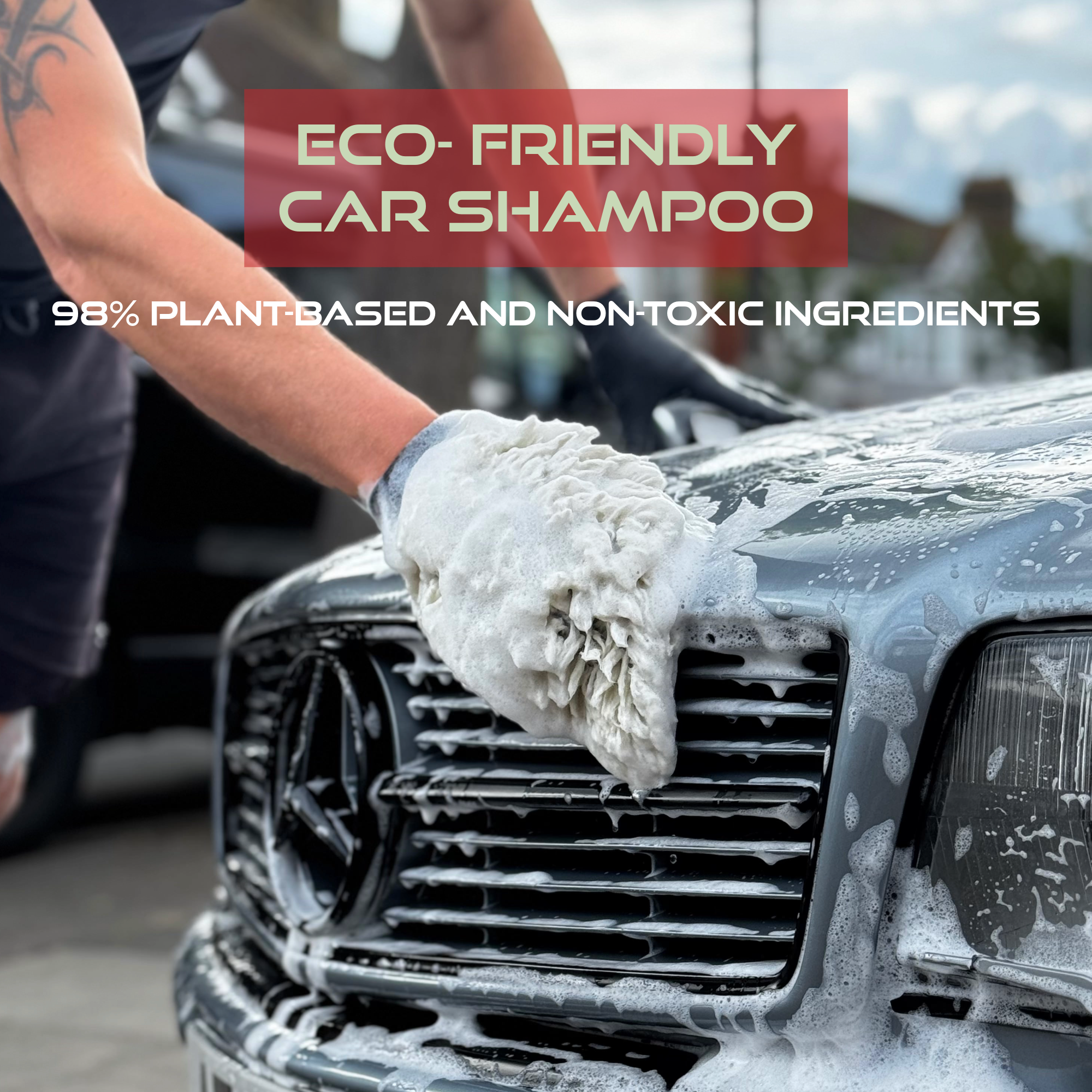 Person washing a car with eco-friendly car shampoo, highlighting plant-based and non-toxic ingredients.