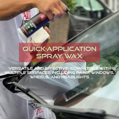 Person applying quick-application spray wax to a car window with text overlay.