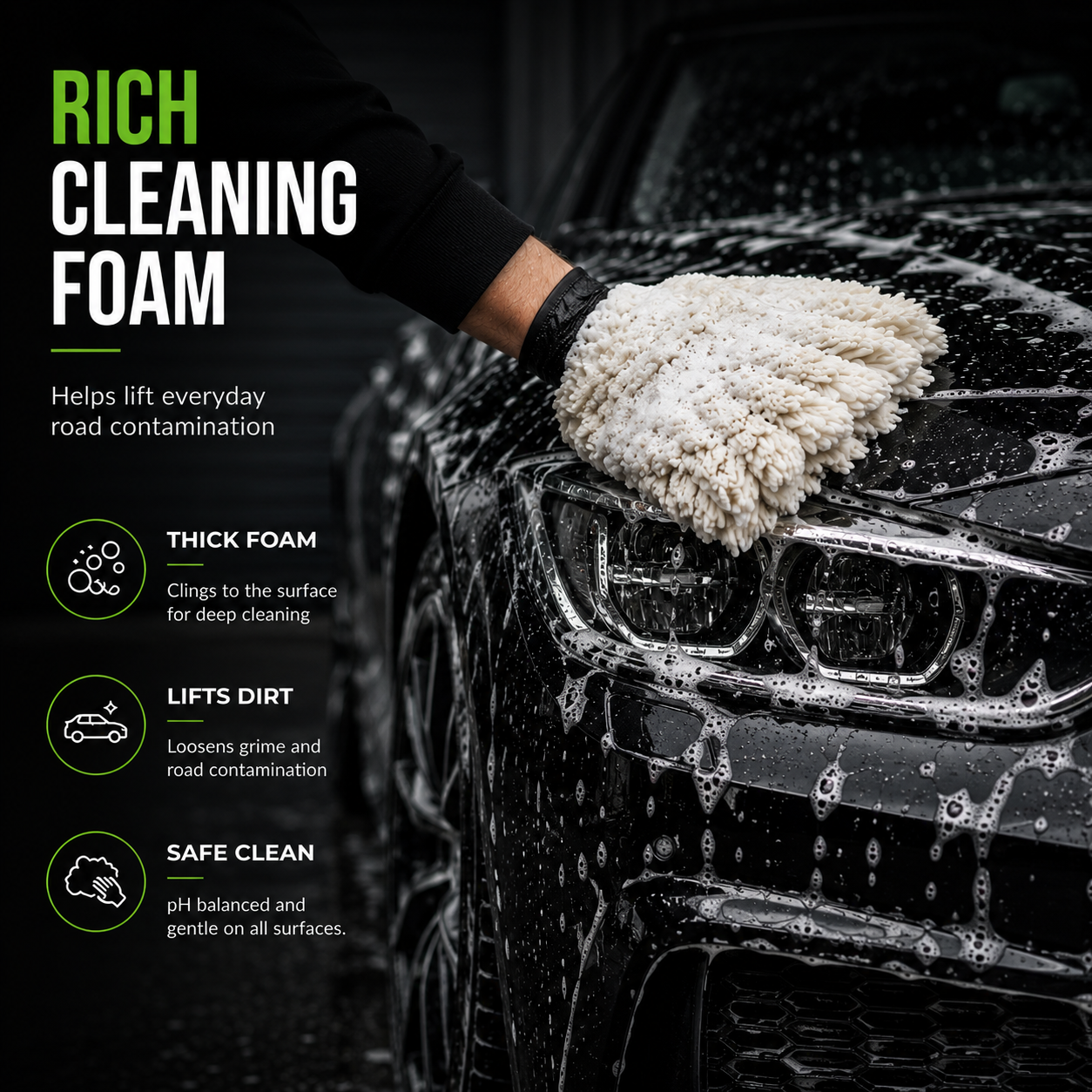 Person cleaning a car with Rich Cleaning Foam, highlighting features on a dark background.