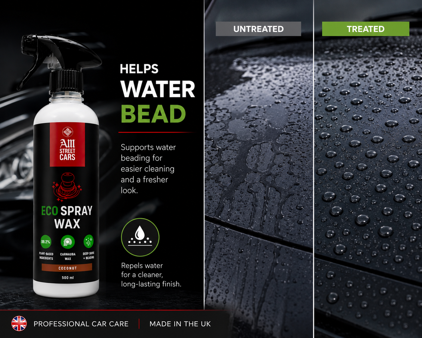 Car care product spray bottle with untreated and treated car surface comparison