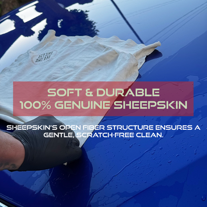 Sheepskin towel being used to clean a blue surface with text about its softness and durability.