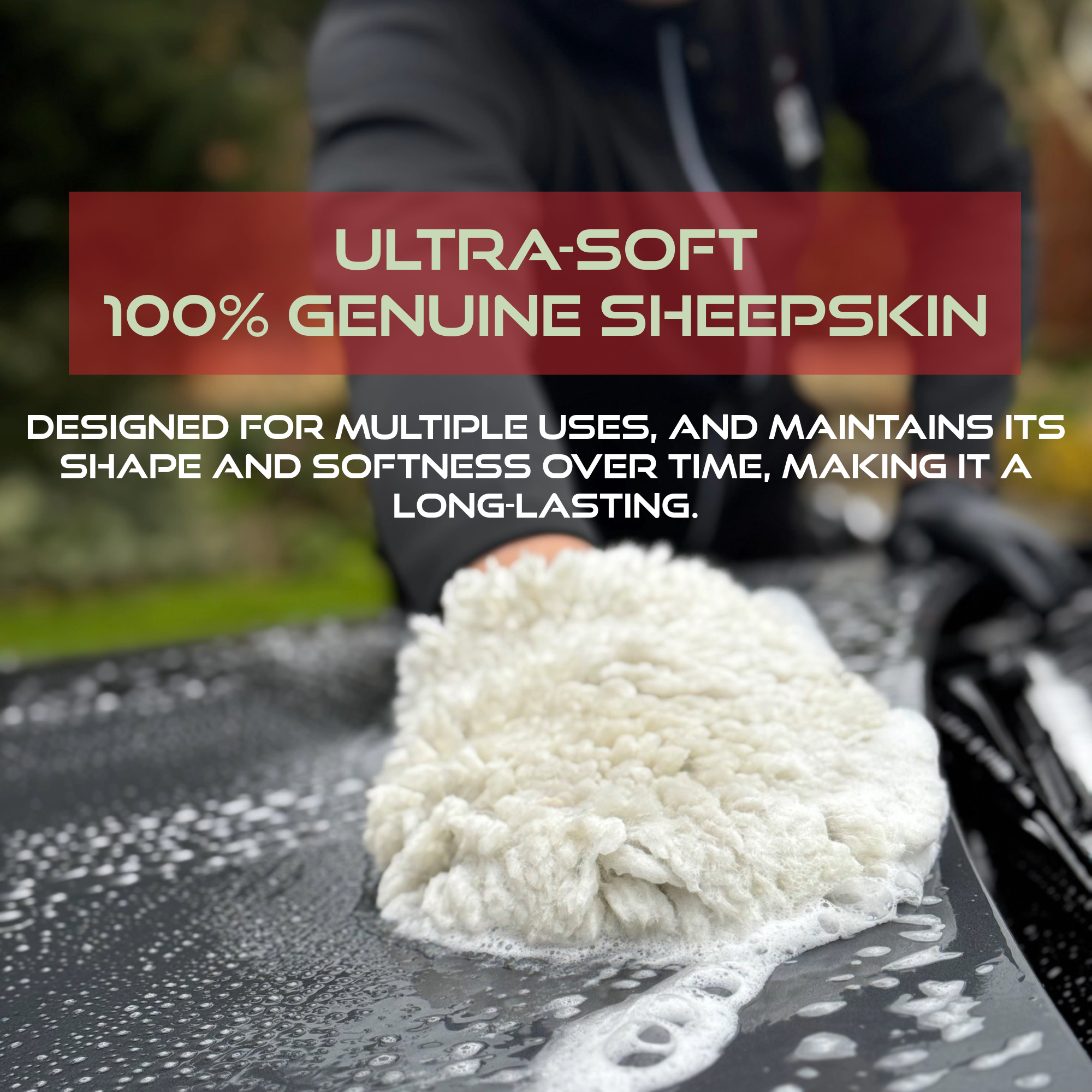 Sheepskin towel on a car surface with promotional text about its softness and durability.