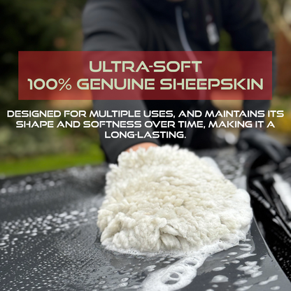 Sheepskin towel on a car surface with promotional text about its softness and durability.