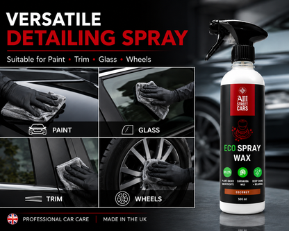 Car detailing spray bottle with application images on a dark background