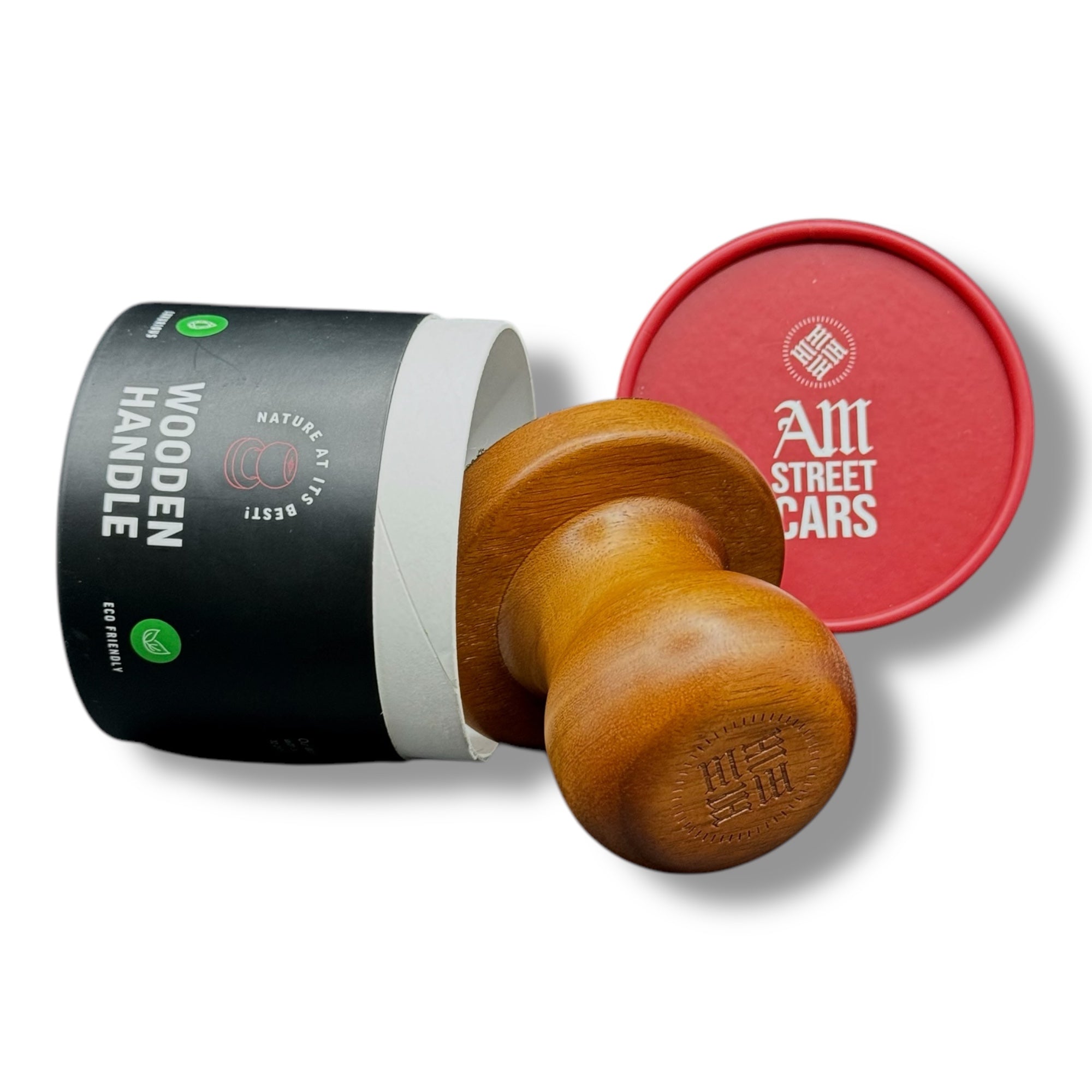 A wooden handle for a car washing or polishing tool, displayed next to its packaging which has text related to a car washing service. The handle appears to be designed for use with a wool polishing pad.