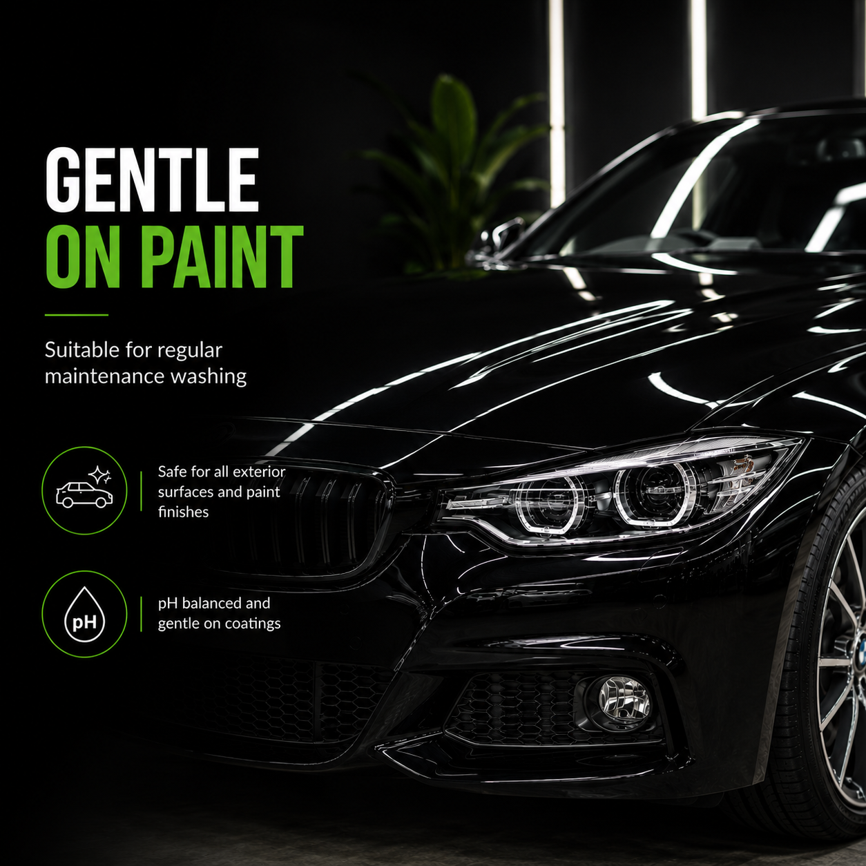Black car with text about car care product on a dark background