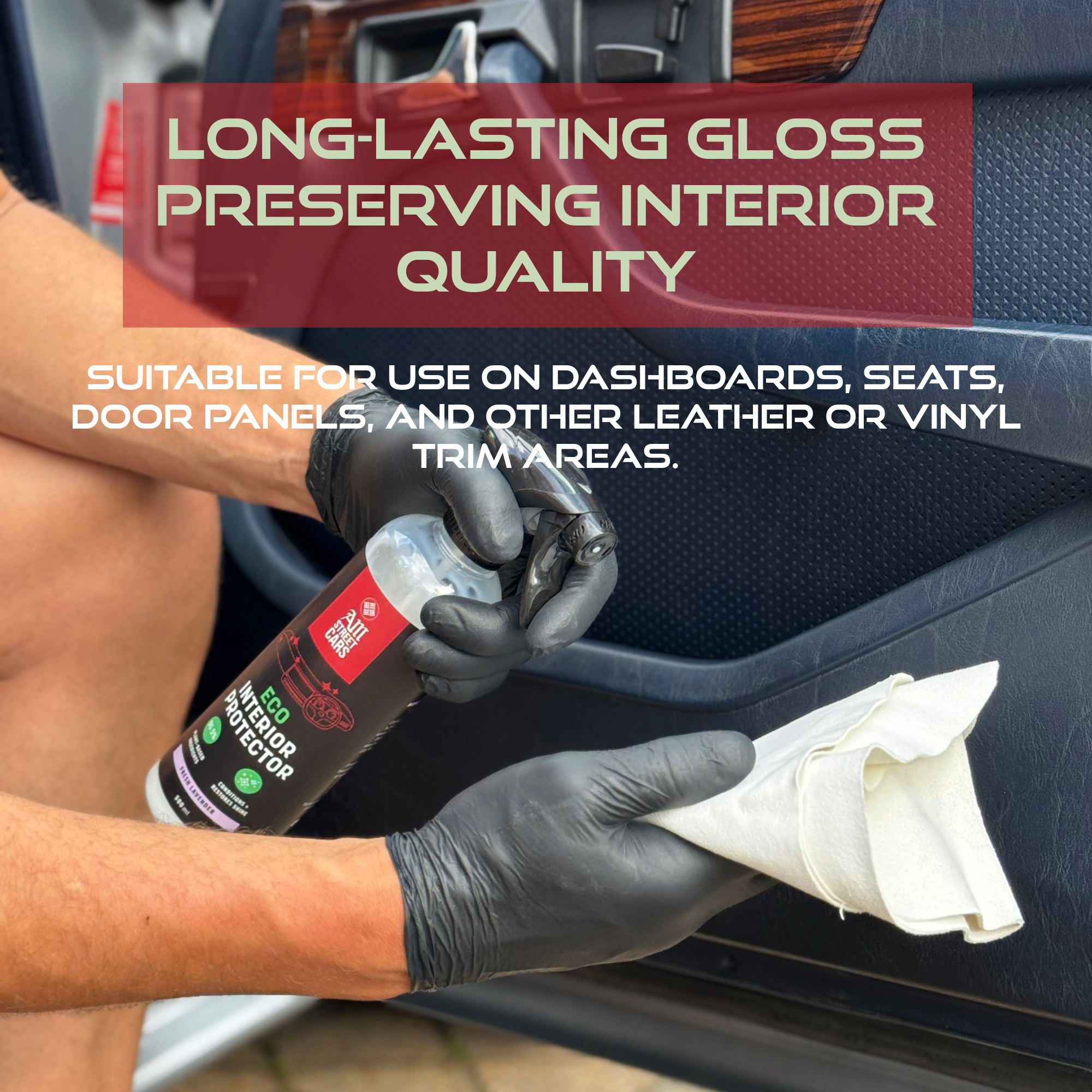 Person applying a leather conditioner to car interior with text about product benefits.