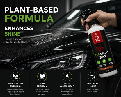 Car cleaning spray being used on a black car with text highlighting plant-based formula and benefits.