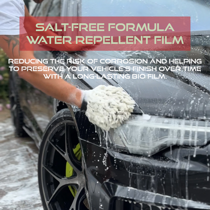 Person washing a car with text about salt-free water repellent film